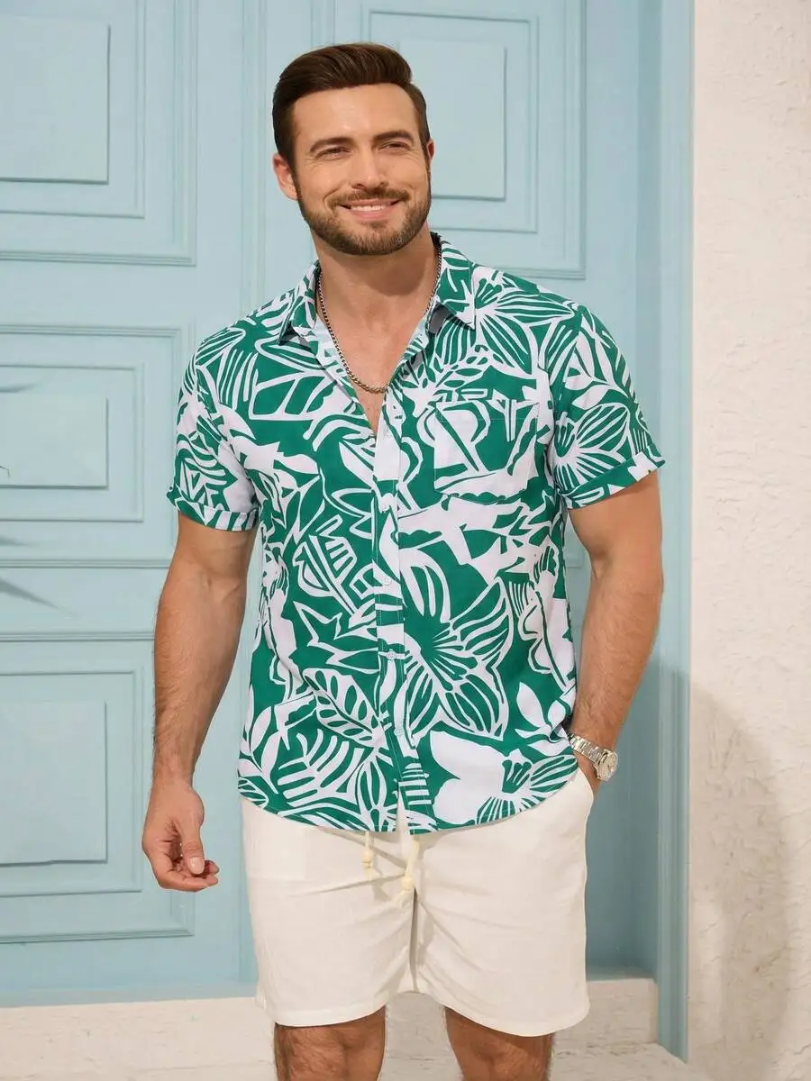 

Mens Hawaiian Shirt With Curved Hem Tropical Print Wrinkle Resistant Breathable Lightweight Fabric For Travel Beach Party