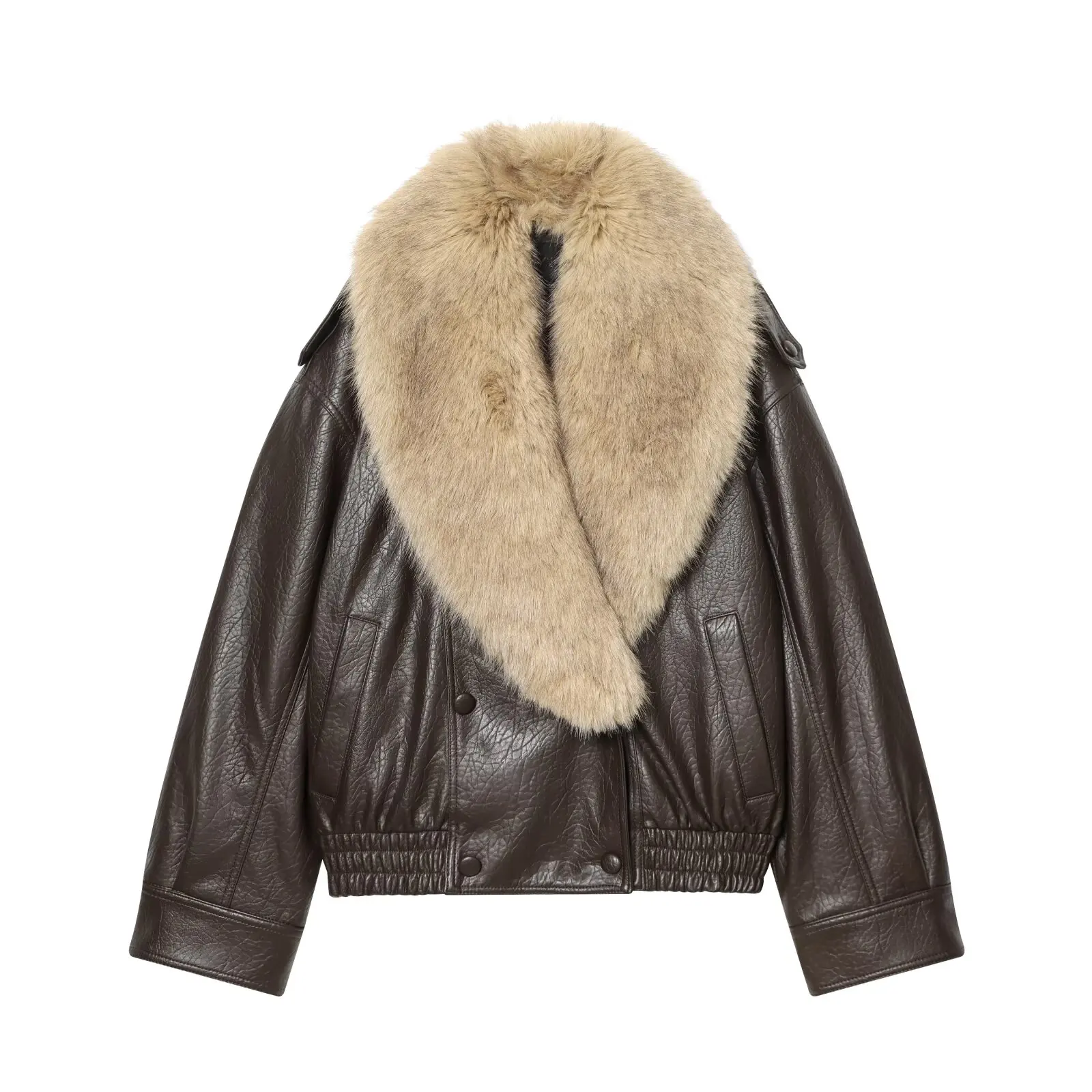

Detachable Collar Artificial Leather Jacket Women Autumn Winter New American Style High Street Fake Fur Collar Long Sleeve Coat