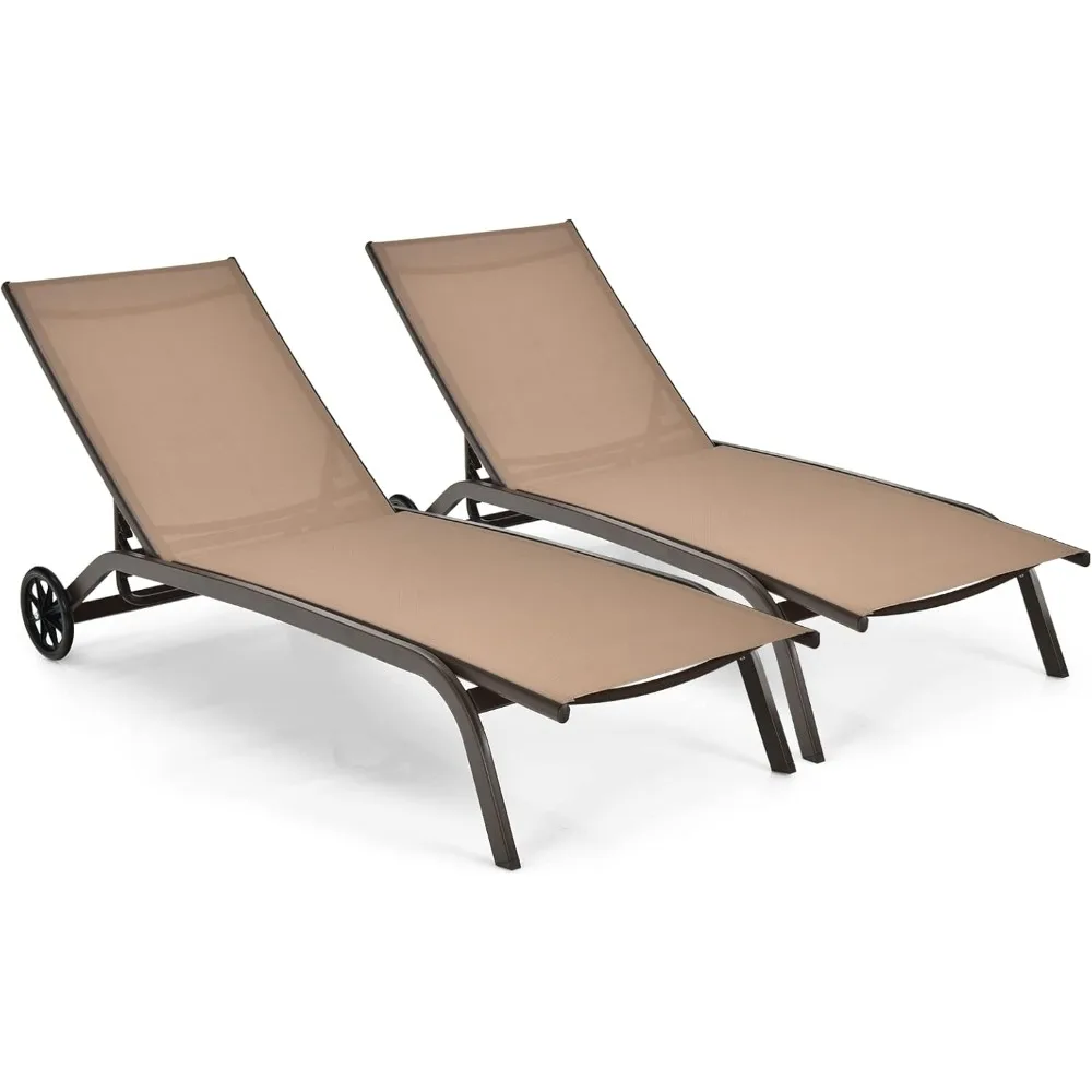 

Patio Lounge Chairs for Pool Area, Outdoor Chaise Lounger with 6 Adjustable Position Smooth Wheels and Quick-Drying Fabric, Law