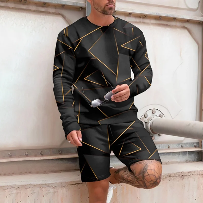 

Bohemian geometric print casual men's long sleeve + shorts two-piece sweatshirt set