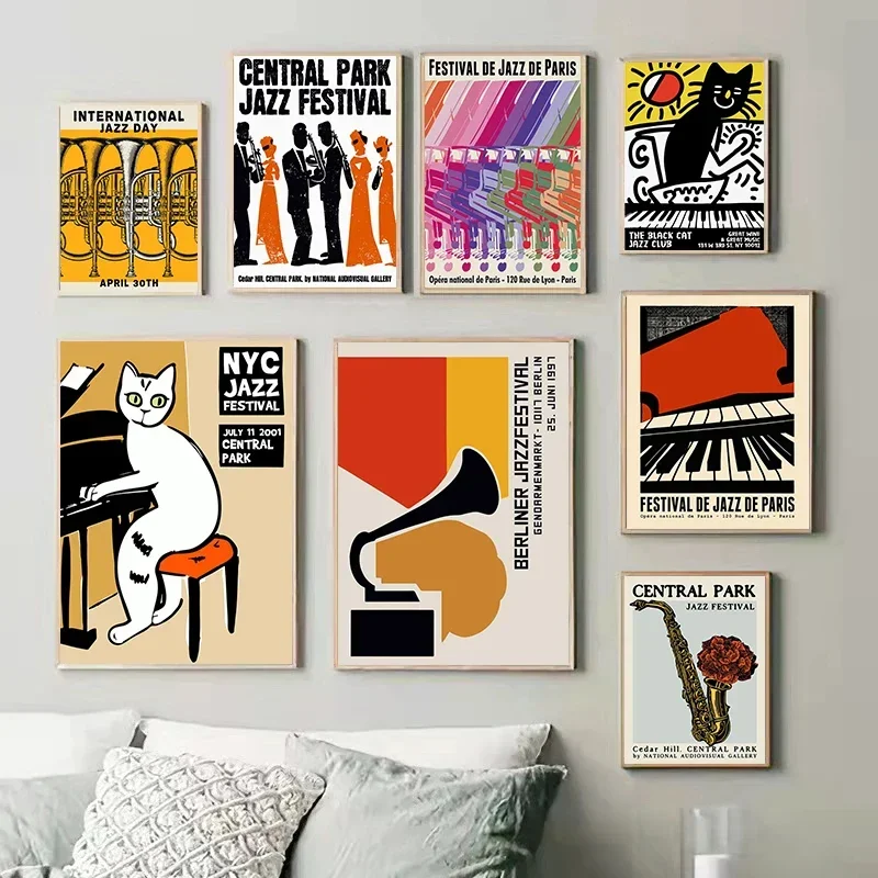 Vintage Montreux Jazz Festival fonógrafo gato negro lienzo pintura carteles impresiones imágenes artísticas de pared para sala de estar hogar Dec