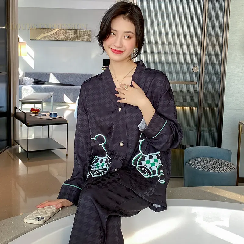 Spring Summer Satin Women\'s Pajamas Set V Neck Design Luxury Cross Letter Print Sleepwear Silk Like Nightwear Homewear Fashion