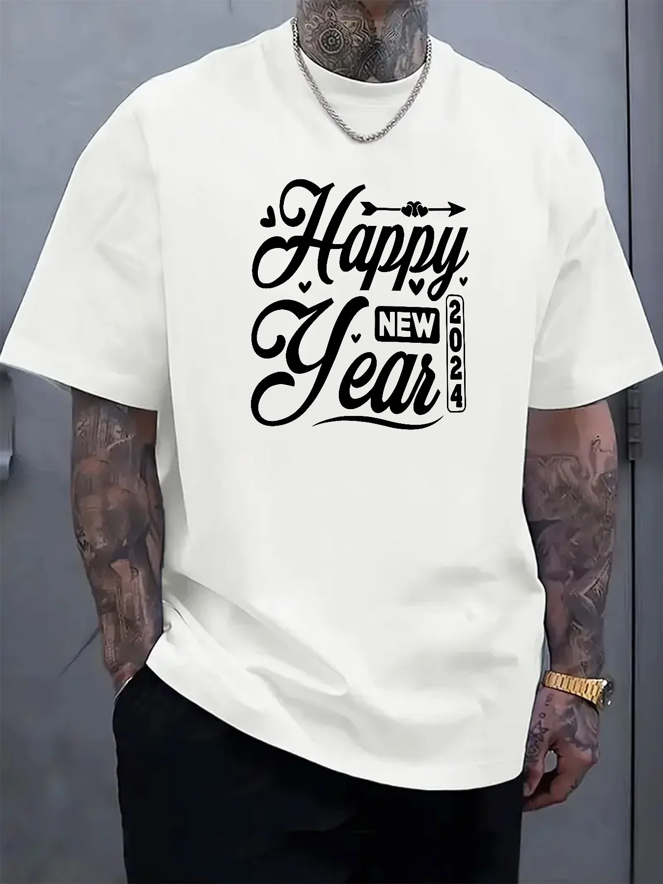 Plus Size-Summer New Men's Casual Clothing Ribbed Crew Neck T-Shirt Short Sleeve, Ted Fabric, Happy New Year 2024 Letter Print,