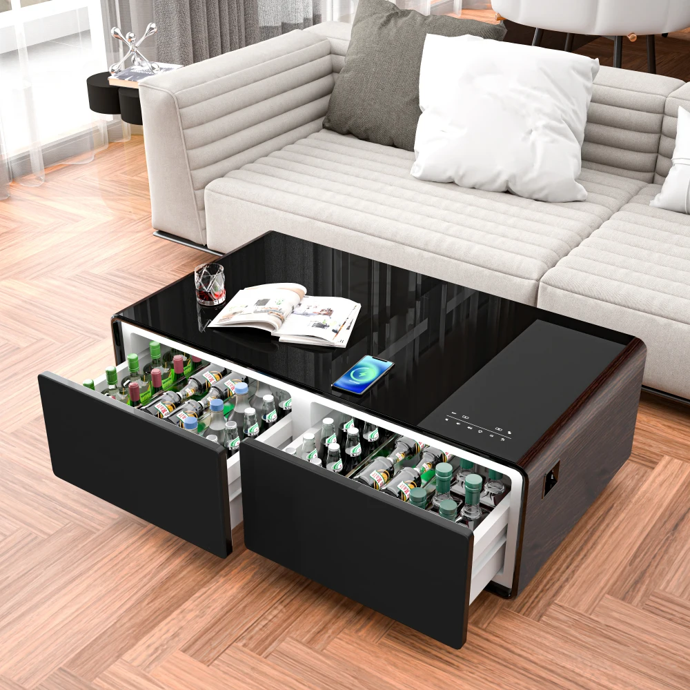 

Modern Smart Coffee Table with Built-in Fridge, Bluetooth Speaker, Wireless Charging Module, Touch Control Panel, Power Socket