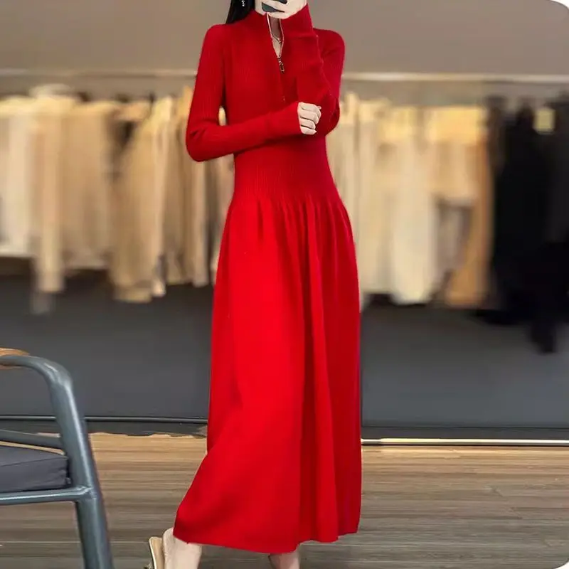 Vestido de emagrecimento com zíper meia forro cintura costurando malha mãe outono inverno feminino estilo francês camada base