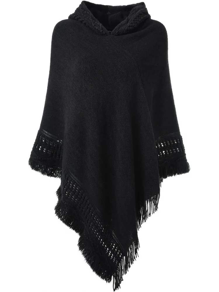 

Ladies' Hooded Cape with Fringed Hem, Warm Crochet Poncho Knitting Patterns for Women, Gothic Fashion Style
