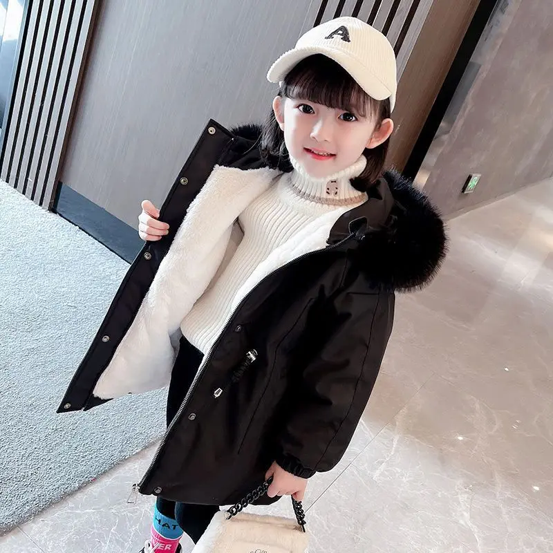 new-autumn-winter-girl's-cotton-padded-jacket-fleece-lined-thickened-mid-length-baby-coat-stylish-puffer-for-kids