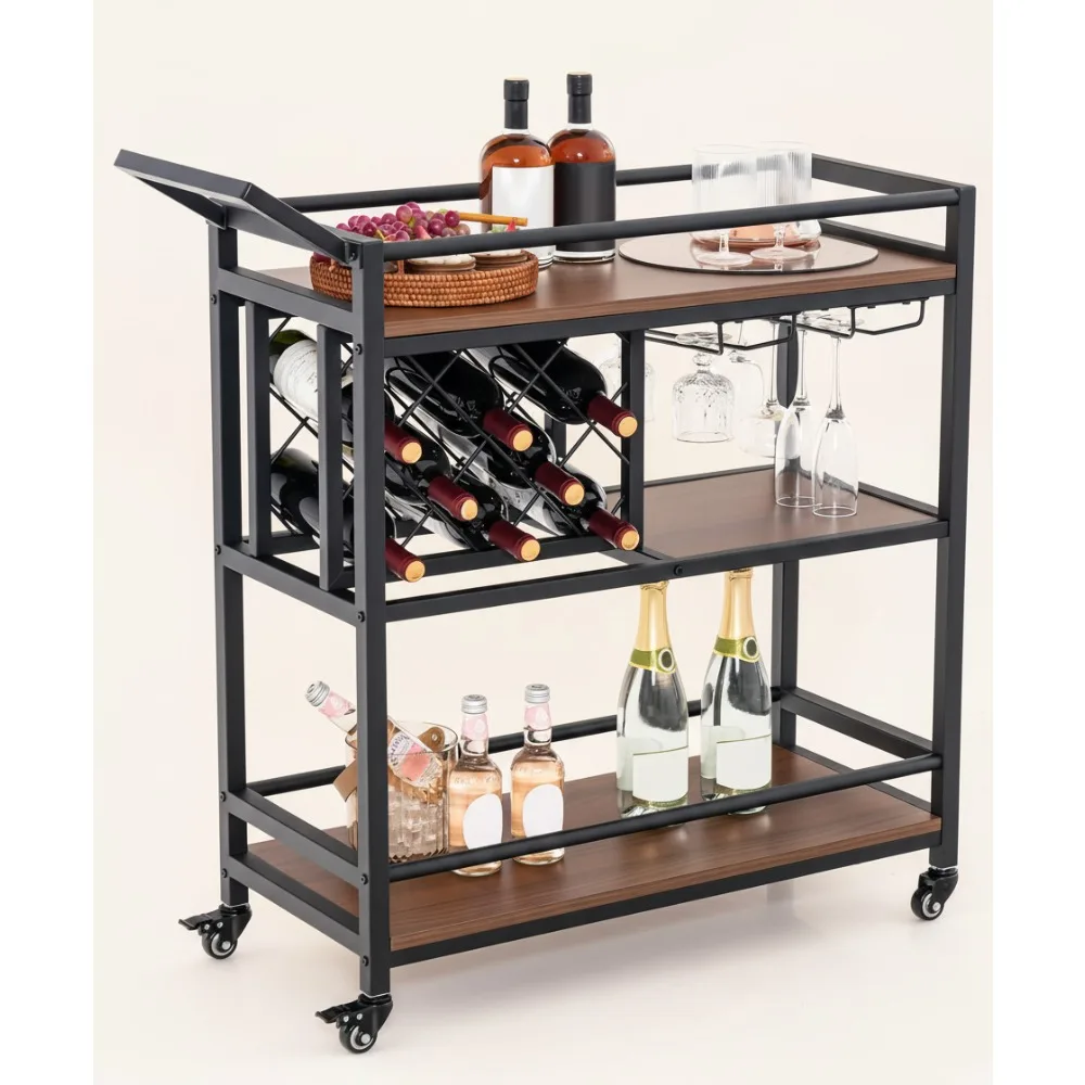 

3-Tier Rolling Bar Cart with Wine Rack & Glass Holder - Mobile Kitchen Serving Cart for Home Dining Living Room