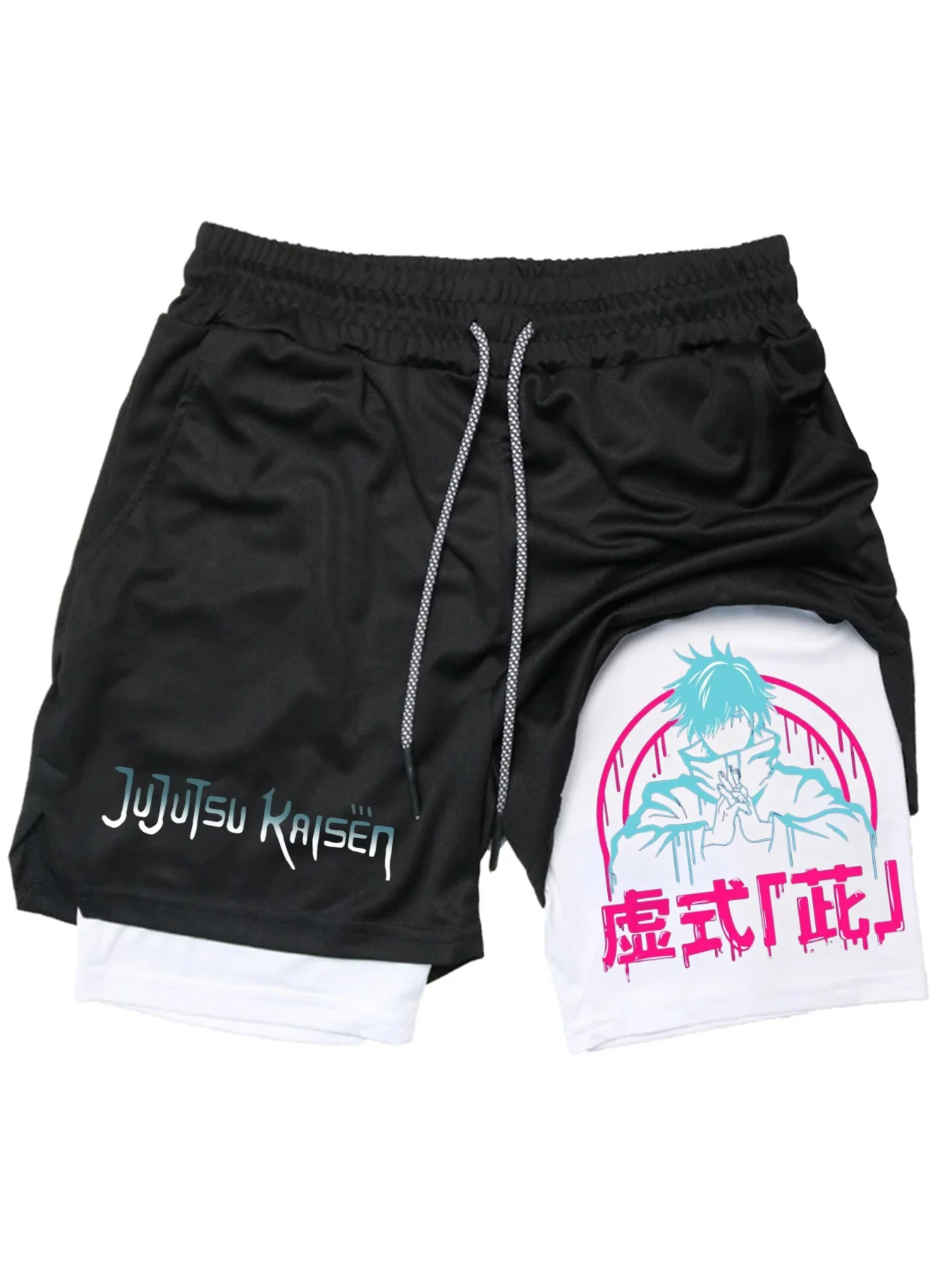 سراويل اللياقة البدنية للرجال مطبوعة 2 في 1 أداء رياضي قابل للتنفس Satoru Gojo شورت منشفة سروال تجريب سريع الجفاف