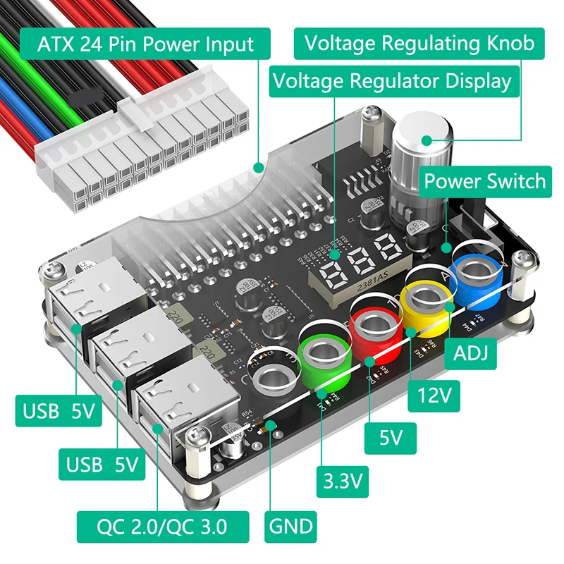 Neuer 6-Port USB 2,0 Power Modul Anschluss ATX Netzteil Breakout Board Netzteil einstellbare Spannungs knopf Unterstützung QC2.0/3,0