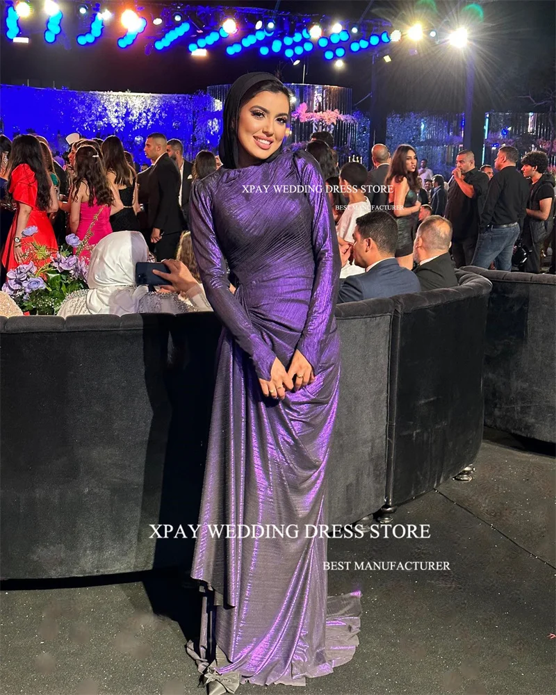 XPAY Shiny Purple Muslim Arabic Women Evening Dresses Long Sleeves Pleats O-Neck Hijab Floor Length Formal Prom Gowns Occasion