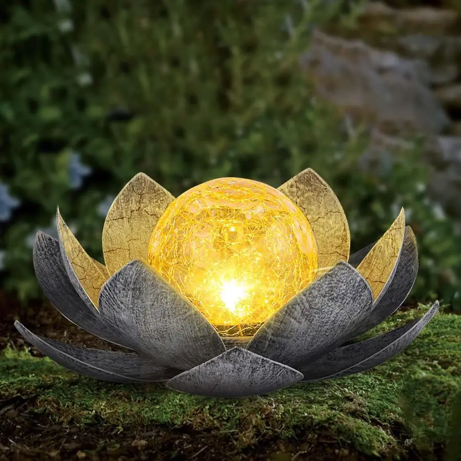 

Solar Light Outdoor2Pack, Amber Crackle Globe Glass Lotus Decoration, Waterproof Gary Metal LED Flower Lights for Patio,Lawn,Wal
