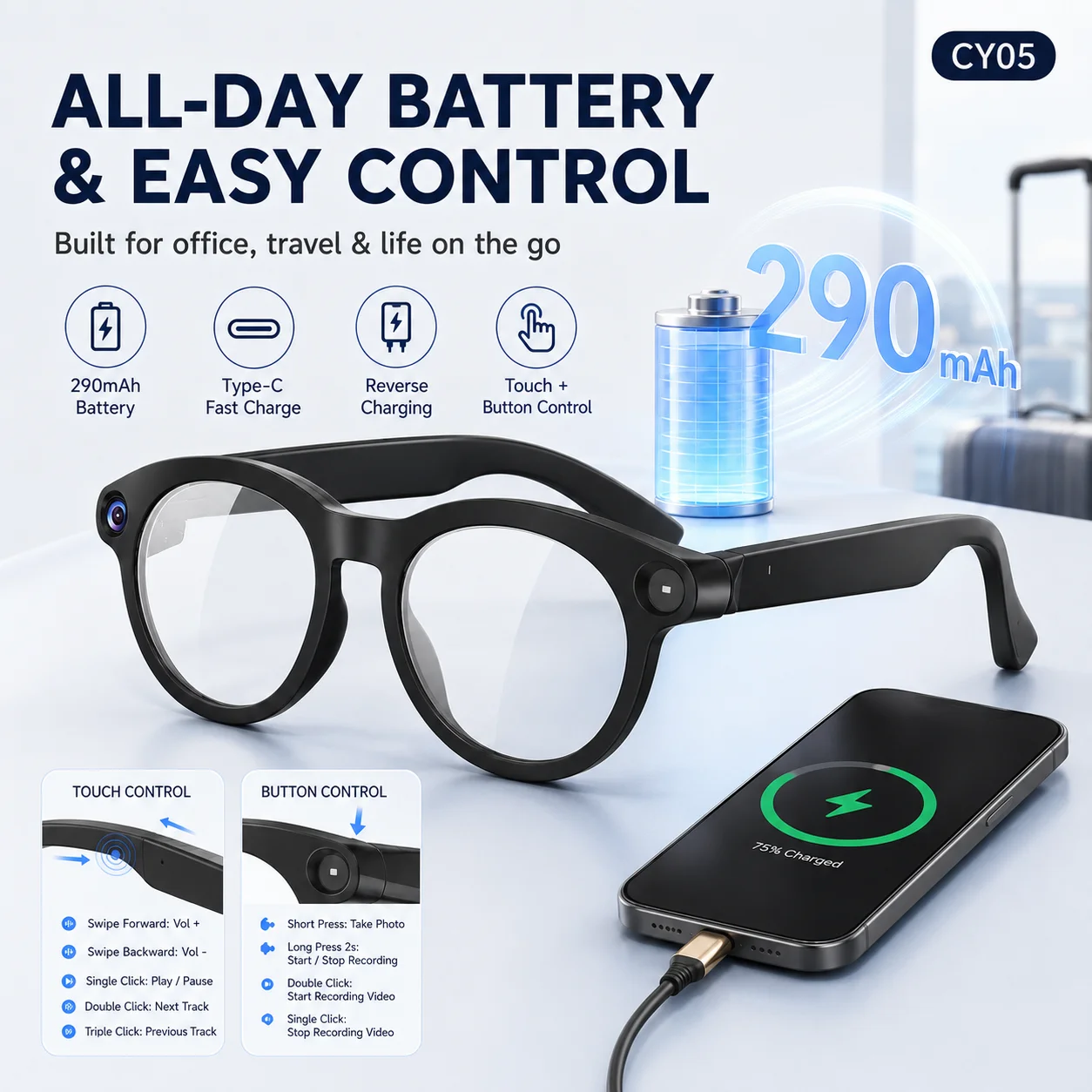 CY05 AI Intelligent Glasses Camera 8MP 1080P HD Video Recording Translation App Control Sport SunglassSmart Glasses For Gift