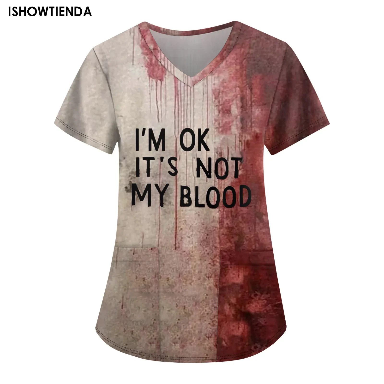 Summer Halloween V-Neck Short Sleeved Nursing Medical Uniforms Shirts Unisex Tee Hotel Hospital Doctor Operating Scrub T-Shirt