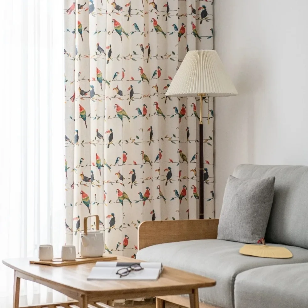 Pastoral Flower Bird Parrot Curtains for Living Room Bedroom American Rural Retro Style Semi Sheer Window Drapes