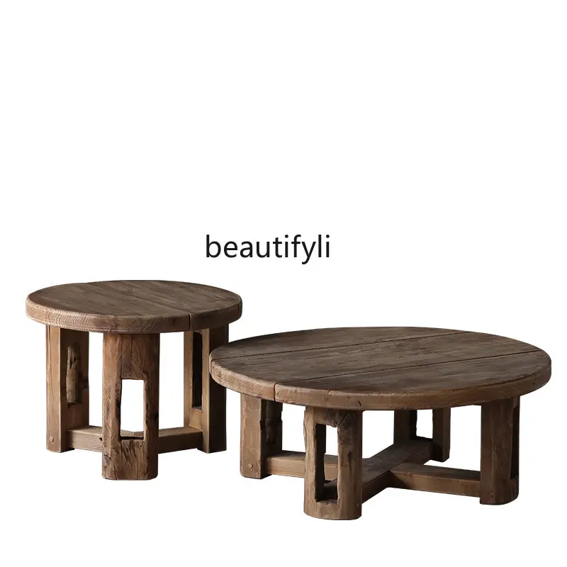 

zq Light Luxury Modern Retro round Wooden Sofa and Tea Table Quiet Style Living Room Side Table Table Small Apartment