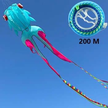 3D ว่าวเนื้อนุ่มรูปปลาทองสีฟ้า10ม. พร้อมล้อเกลียว200ลูกว่าวชายหาดแบบมืออาชีพเป่าลมได้ง่ายต่อการบินและฉีกขาด