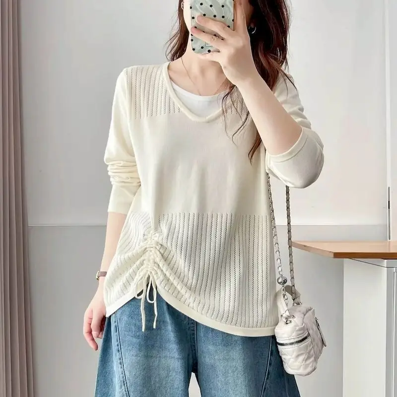 T-shirts O-neck Loose Fake Two-piece Contrast Color Knitted Tops Vintage Casual Korean Style Long Sleeve Autumn Women Clothing