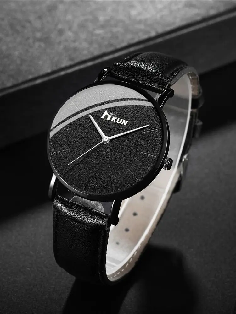 Montre à quartz simple, grand cadran rétro de haute qualité, classique, portefeuille en cuir noir, 2 pièces