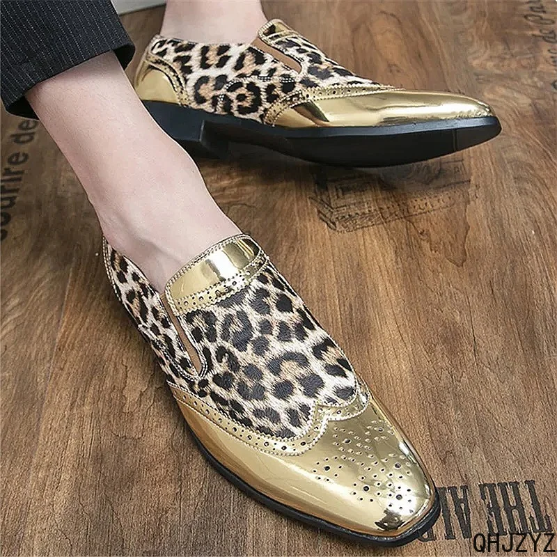 Pointed Leopard Print Patent Leather Men's Platform Loafers Mixed Patchwork Casual Dress Shoes Wedding Homecoming Footwear
