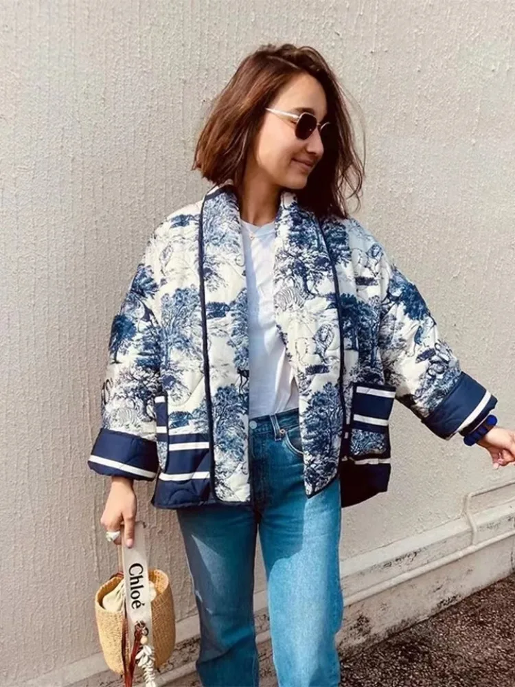 Vintage Print Floral Cotton Coat Quilted Jacket Women Long Sleeve Pocket Streetwear Cardigan Autumn Winter Outerwear Short Tops