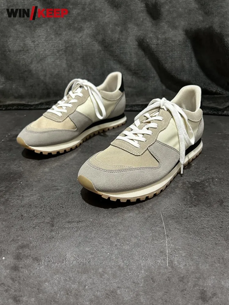 

Mens Leisure Retro Breathable Patchwork Round Toe Suede Leather Mesh Outdoor Running Shoes Lace Up Low Cut Jogging Sneakers