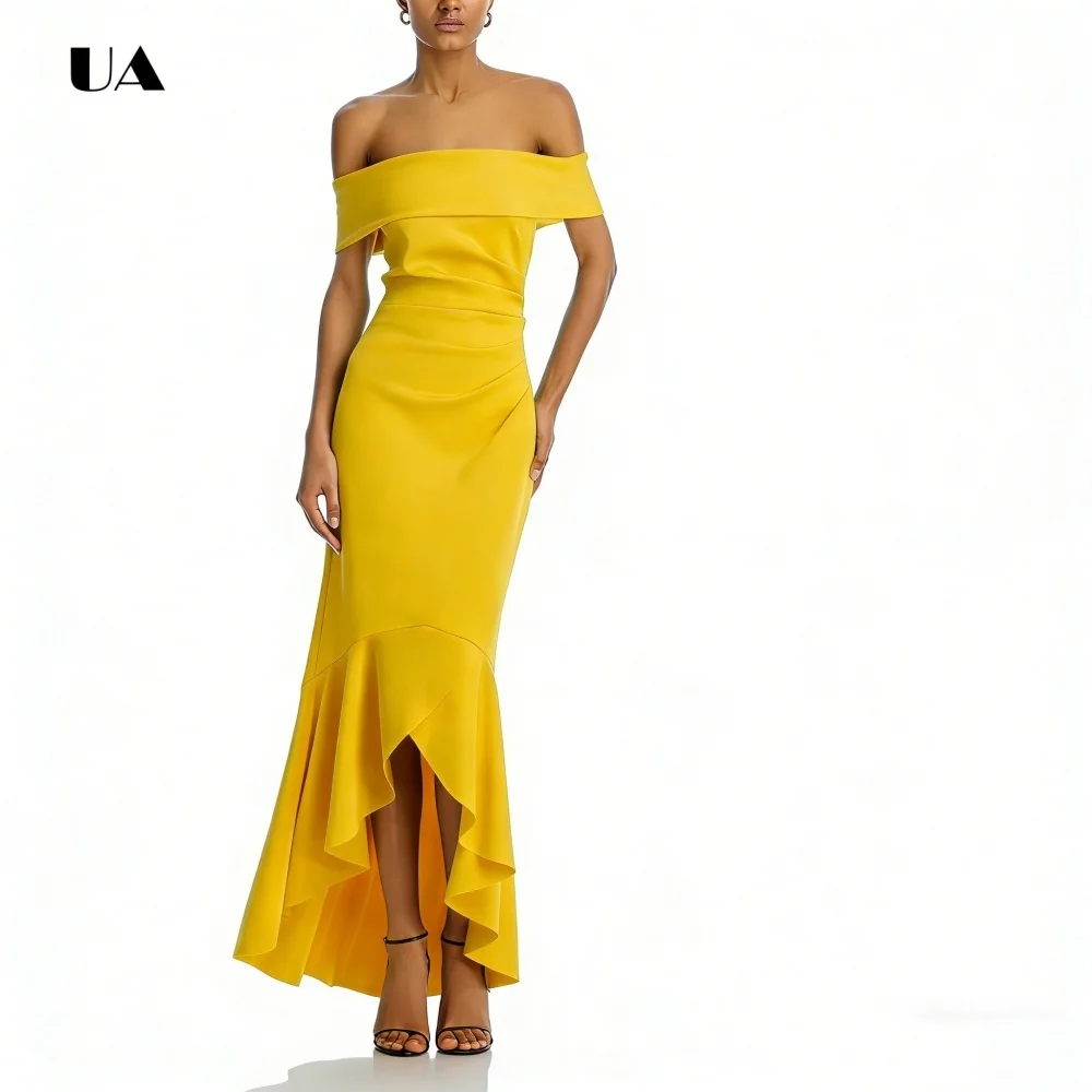 Robe de bal sirène Simple avec épaules dénudées, robes de soirée en Satin solide pour femmes, robe de soirée classique personnalisée Hi-lo