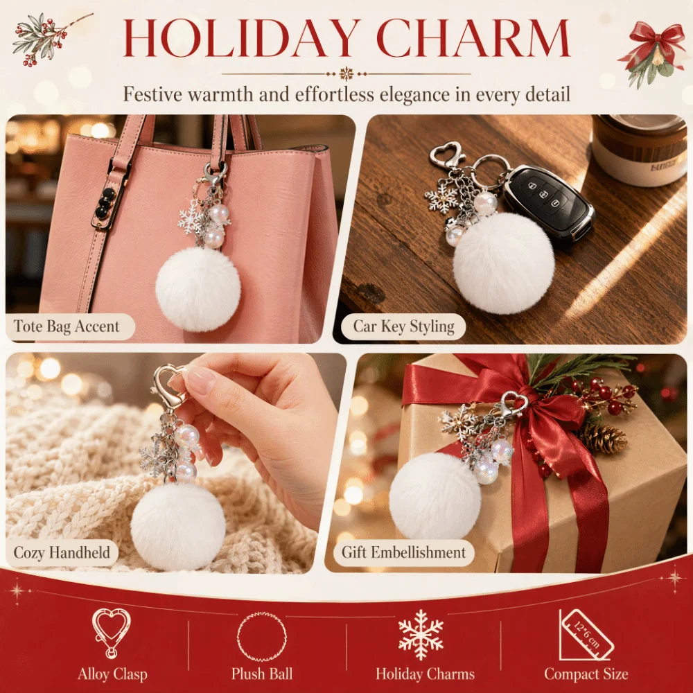 Stylish Soft Plush Fluffy Ball Keychain Snowflake Bell Cute Christmas Keychain Elegant Heart Clasp Bag Charm Holiday