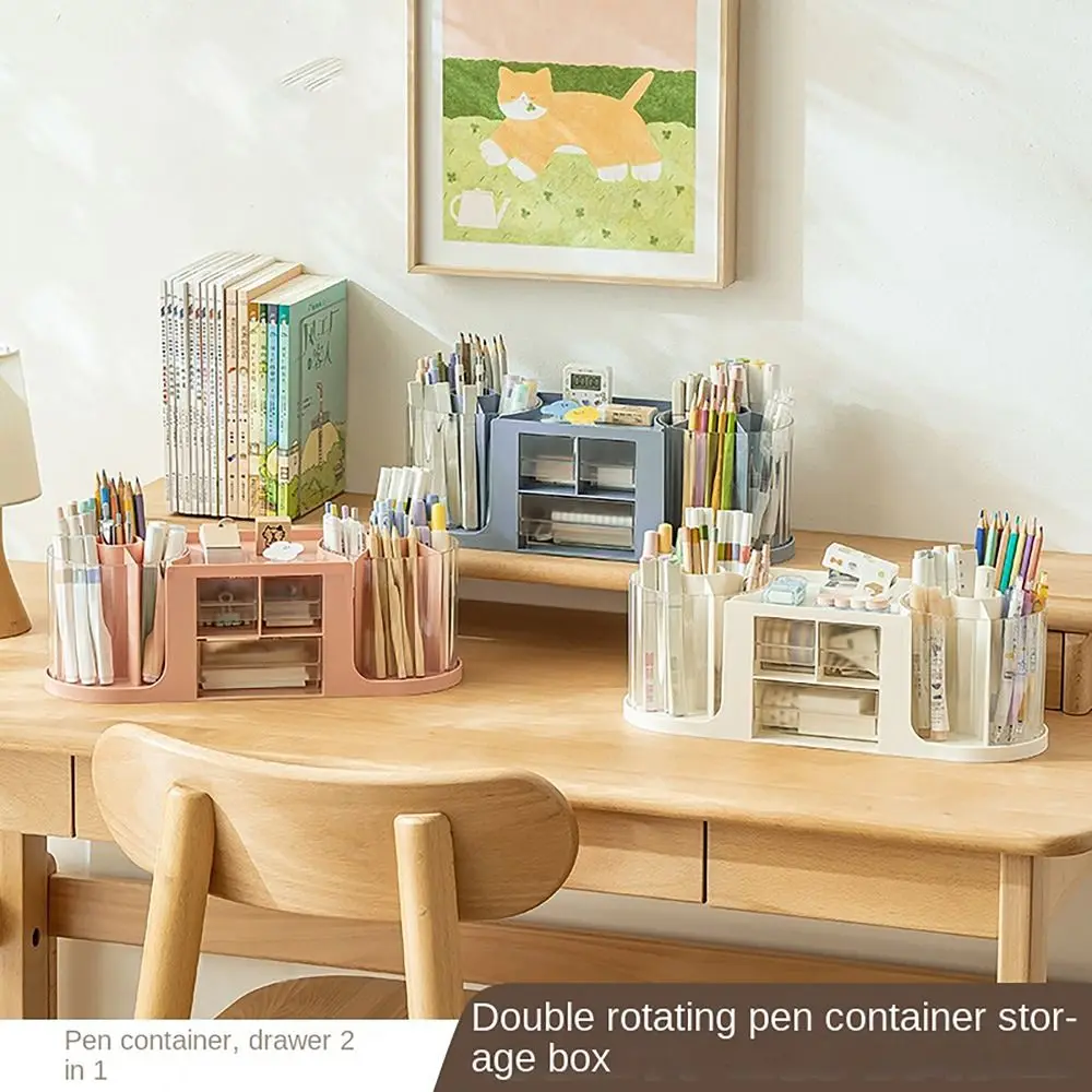 

Double Rotation Drawer Pen Holder Large Capacity Transparent Pen Storage Box INS Style Desk Stationery Storage Pencil Container