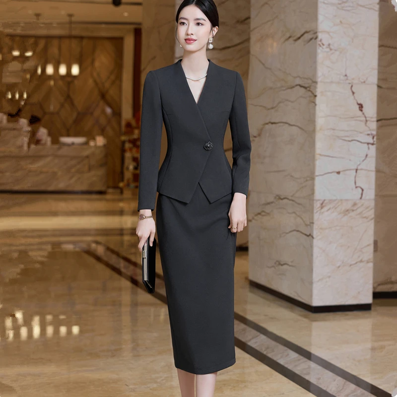 بدلة نسائية بيضاء بأكمام طويلة من NAVIU طقم مكتب سيدة أنيقة لمقابلة الأعمال وملابس العمل تنورة مكونة من قطعتين