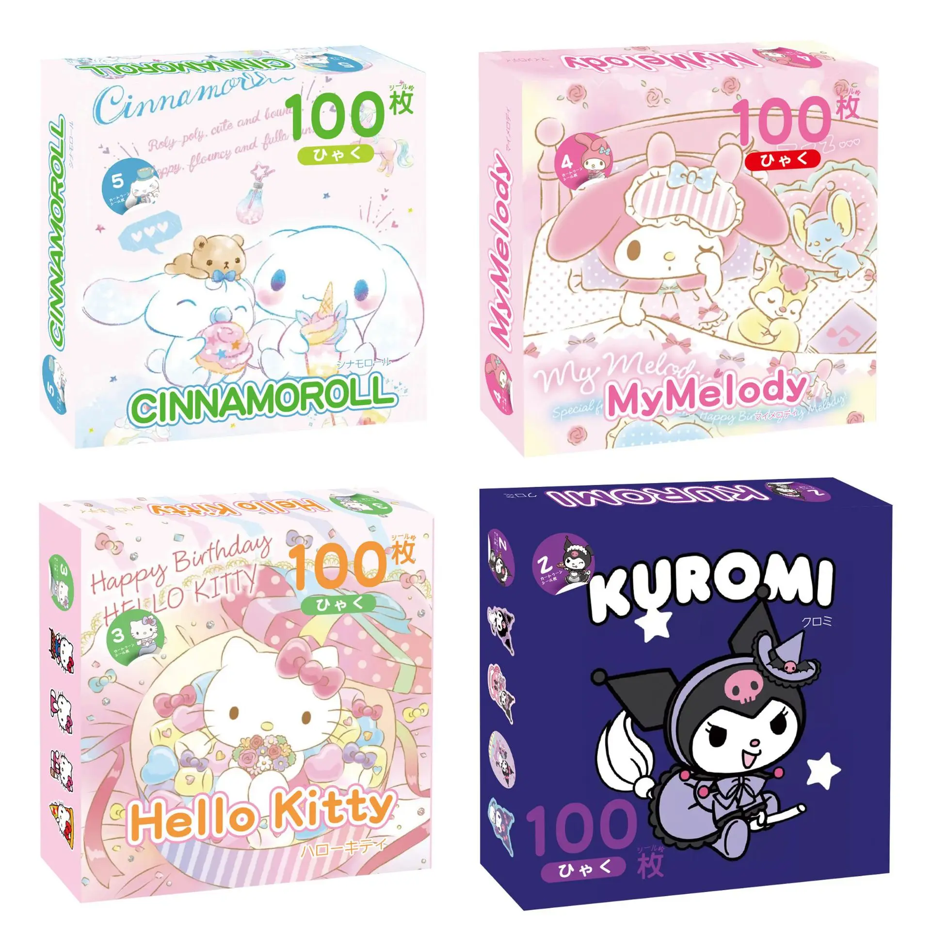 100pcs Cute Sanrios HelloKitty Cartoon Comic Stickers Melody Kuromi Student Stationery Diary Delicate Paster Gift Box Packaging