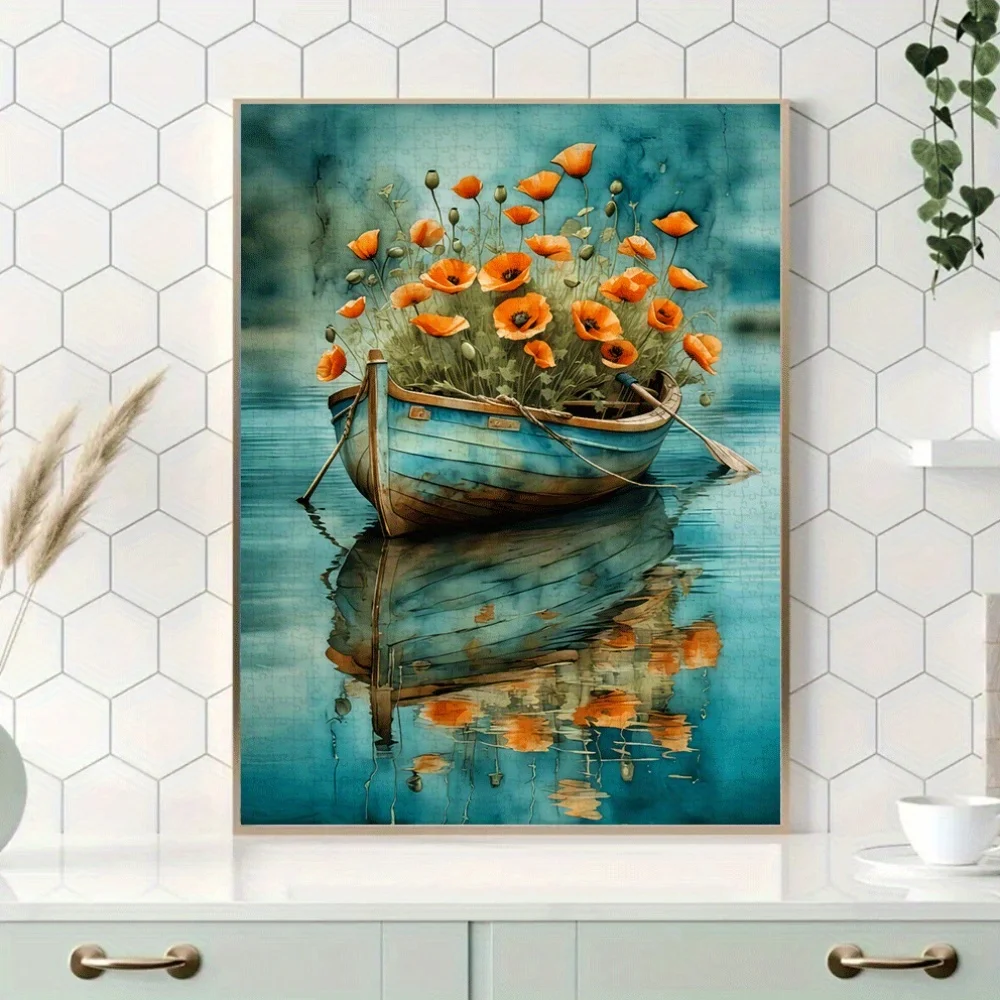 1000 stuks puzzel voor volwassenen - Serene landschap met boot en levendige oranje klaproos, grote papieren puzzel voor familiespel Nigh