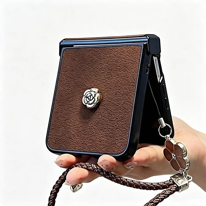 For Samsung Z Flip6 Flip7 Case Leather Retro Brown Cases 3d Flower With Wrist Strap For Samsung Z Flip3 4 5 6 7 /Xiaomi Mix Flip