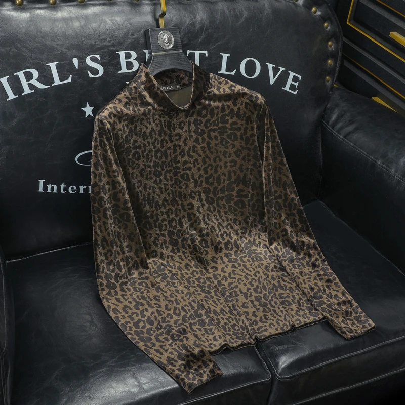 

Мужская вельветовая футболка с высоким воротником, повседневная, модная, универсальная, с леопардовым принтом, с длинным рукавом, в городском стиле