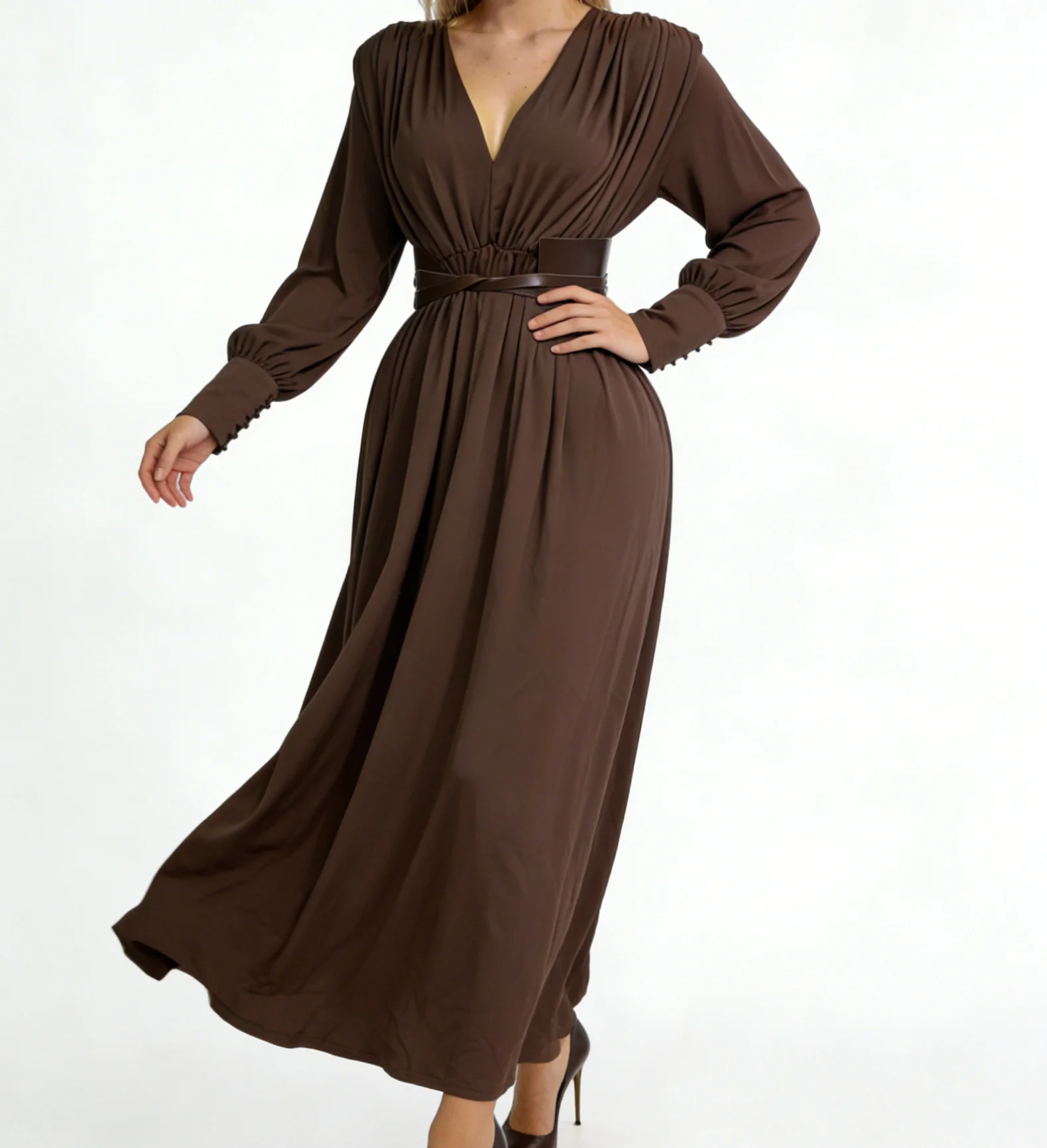 

Fashionable and high-end style women's long-sleeved pleated skirt in brown, formal party dress, elegant corset-GZXXX485