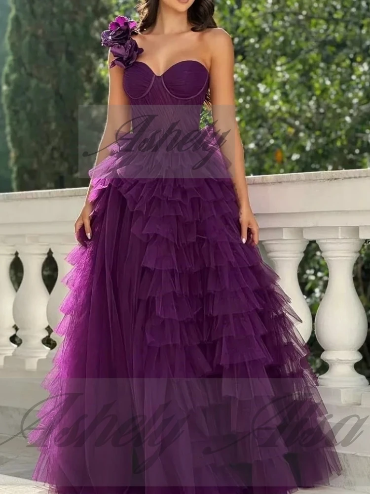 A2862 고품질 퍼플 여성 이브닝 드레스 롱 원숄더 러플 티어드 튤 웨딩 게스트 파티 프롬 정장 맞춤 제작