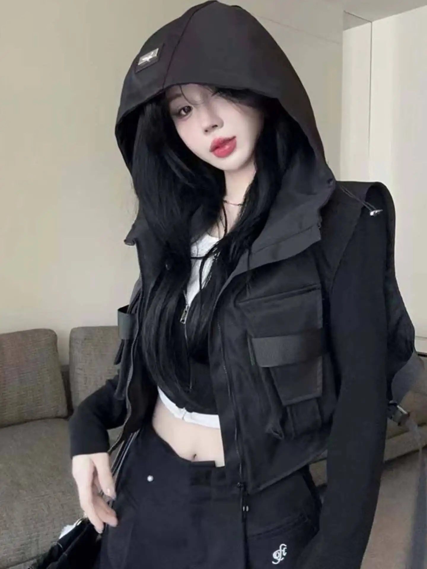 

Women Cargo Coat Hoodies 2026 Spring New Women's Korean Style Fashion Slim Multi-pocket Hooded Vest Workwear Jacket