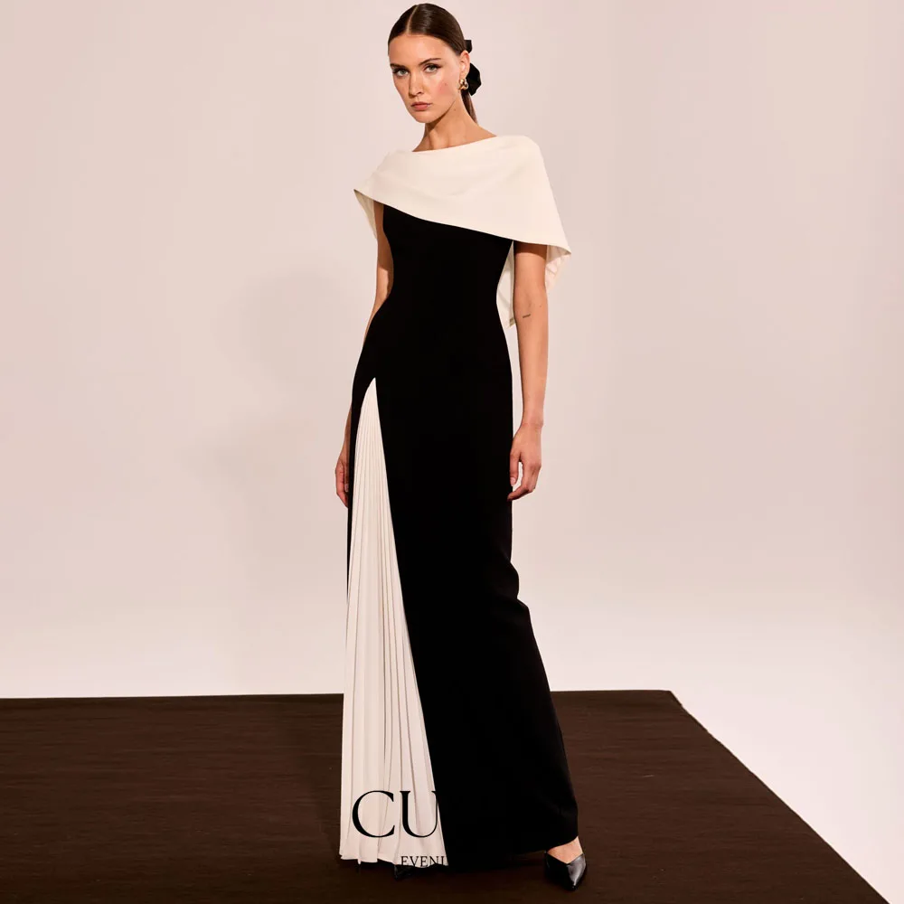 

CUYUN Formal Evening Dresses Black and White Off the Shoulder Party Gown Pleated Slit Long Wedding Party Dress for Guest