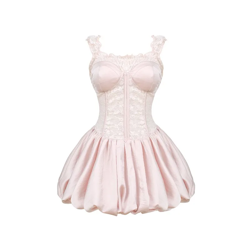 2025 estilo francês doce cor sólida elegante temperamento vestido 2025 verão nova moda venda quente vestidos de alça de cintura