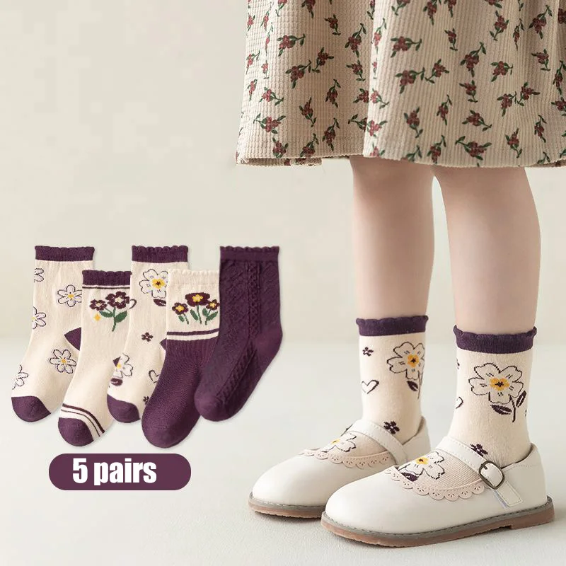 5 Pairs Flower Embroidery Cotton Socks for Kids Girls Breathable Outdoor Skirts Dress Match Socks for Children Students Socks