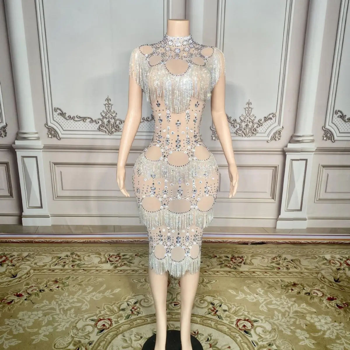 

Rhinestone Diamond Chain Semi-Turtleneck Dress Nightclub Stage Performance Chic And Sweet Evening Dress Body Transparente Flecos