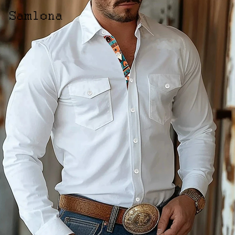 เสื้อเชิ้ตแขนยาวผู้ชายสไตล์คาร์โก้ ปี 2025 ยุโรป วินเทจ เสื้อพื้นฐานแบบสวม คอตั้ง มีกระเป๋า เสื้อเชิ้ตลำลองผู้ชายแบบใหม่