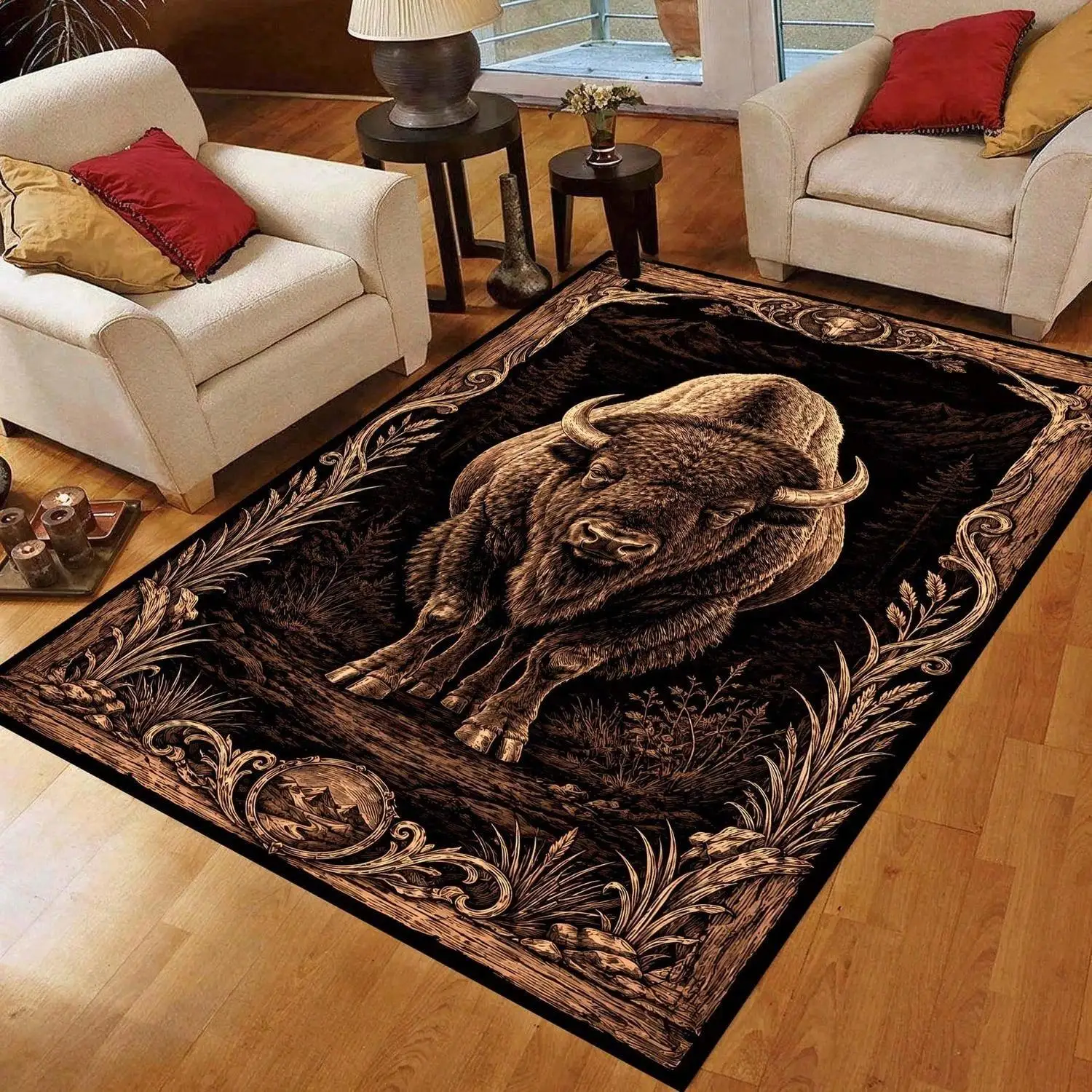Bison Pattern Rug, Country Buffalo Rug, Non-Slip