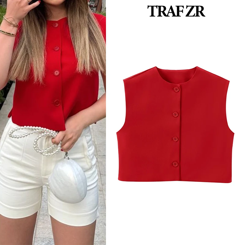 TRAF ZR Vintage Vests Ladies Tops Sleeveless Women 2024 Basics Distressed vest Holiday Tops Women\'s Fashion Classic Vests