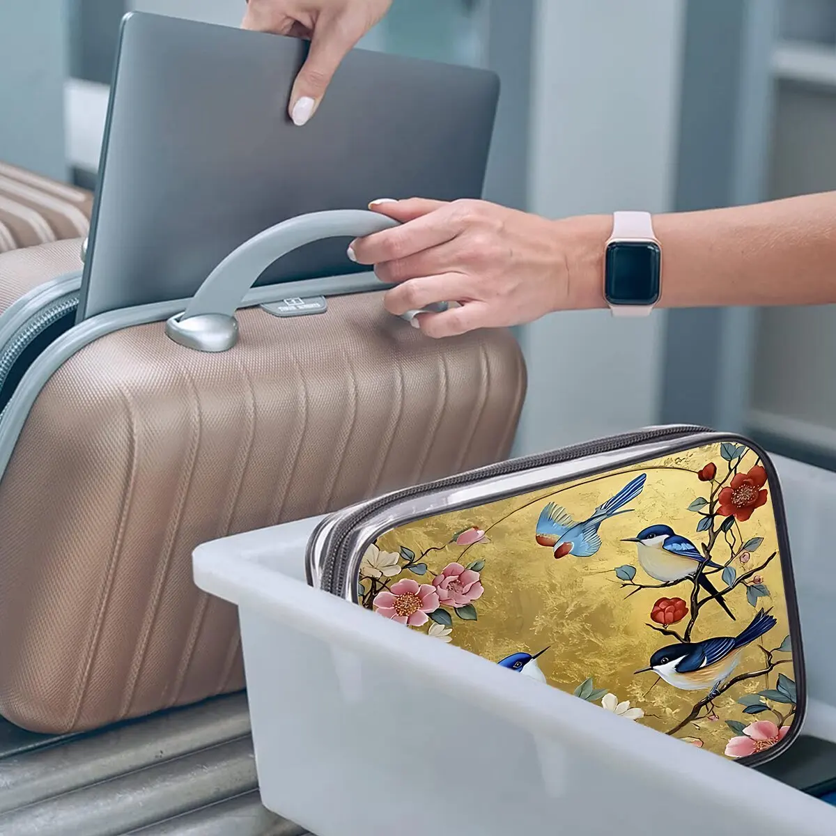 Bolsa de cosméticos compacta con estampado floral vibrante de canarias y flores, adorable bolso para mujer, ideal para viajes y artículos de aseo.