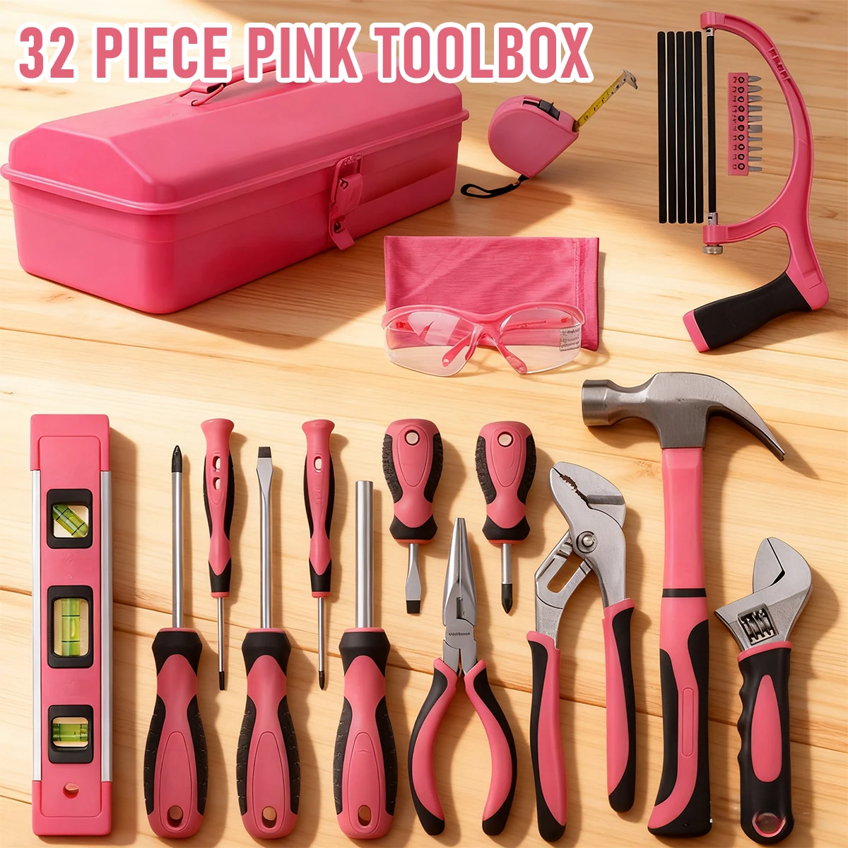 32Pcs Kotak Peralatan Pink untuk Wanita, Kotak Peralatan Tangan - Satu Set Peralatan DIY Rumah Tangga Universal. Peralatan Tangan Logam Tahan Lama untuk Wanita