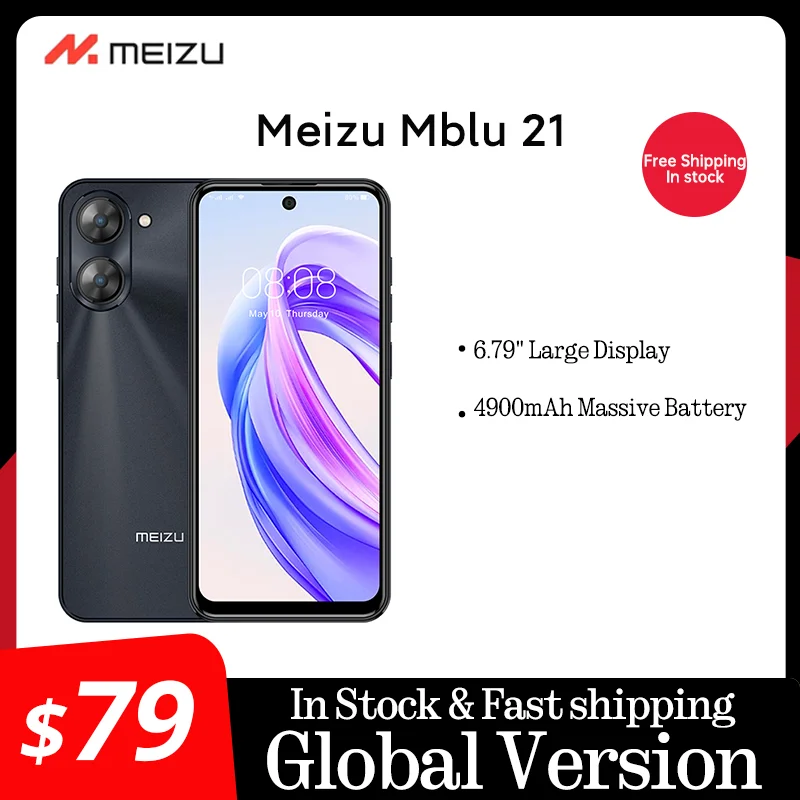 Global Version Meizu Mblu 21 Smartphone 13MP Rear Camera 4900mAh Battery 6.79inches 90Hz Display UNISOC T606 CPU