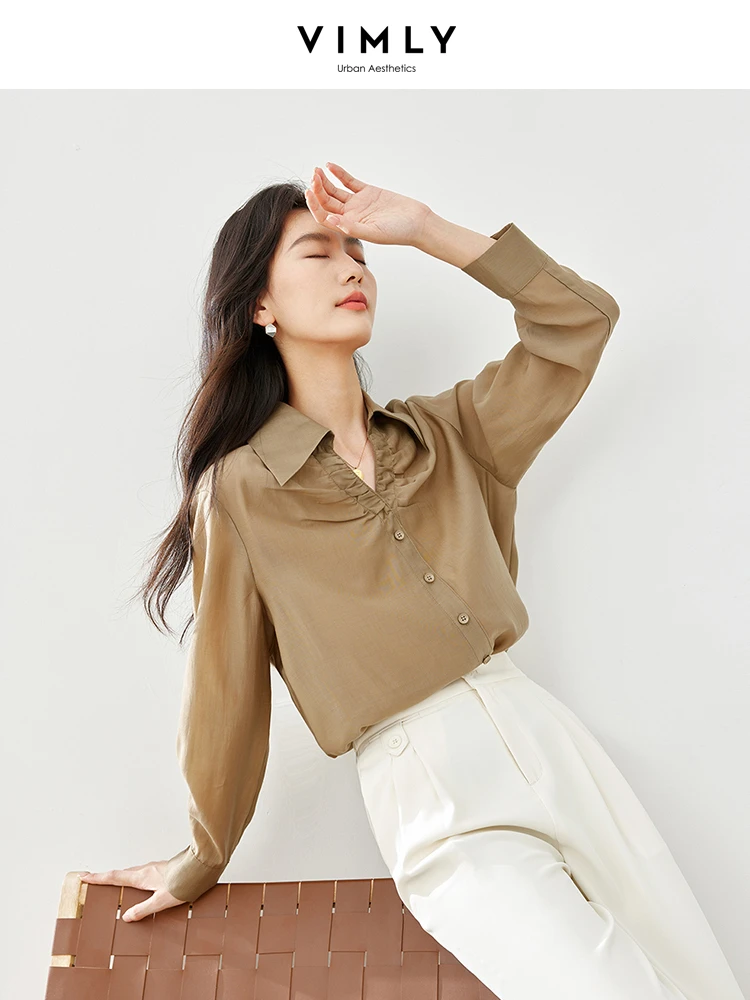 Vimly Spring Green Women Shirt V-neck Thin Casual Shirts & Blouses 2024 New Solid Drop Sleeve Womens Top Female Clothing M5381