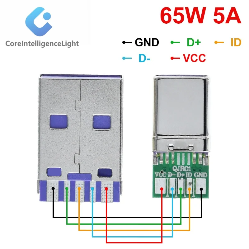 1 مجموعة شحن سريع نوع-C USB 65 واط 5A ذكر موصل لحام مع 5Pin PCB + نوع ذكر 6 دبوس USB لتقوم بها بنفسك OTG شحن البيانات لتقوم بها بنفسك عدة