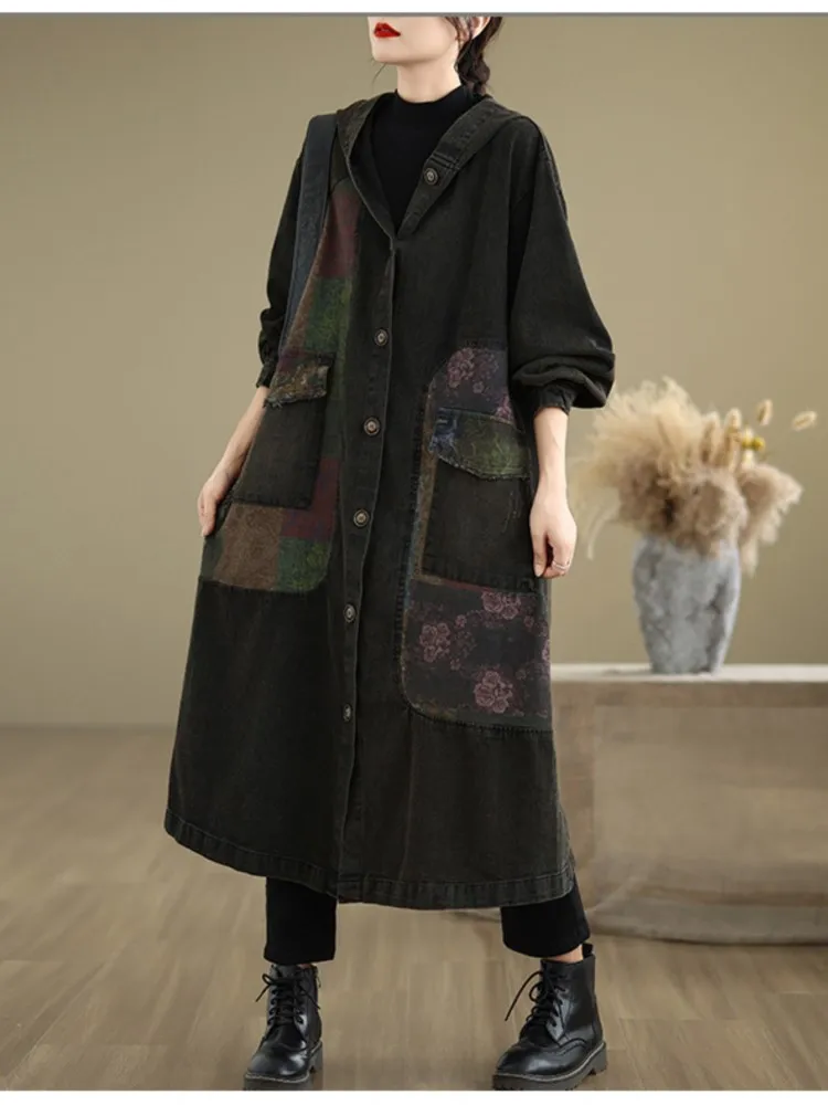 Denim Hooded Flower Floral Print Fashion Casual Ladies Jackets Loose Pleated Woman Coats Oversized Autumn Long Coat Women